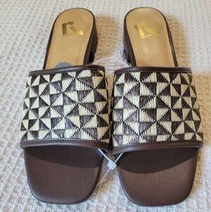 Brown and Cream Women's Slide Sandals